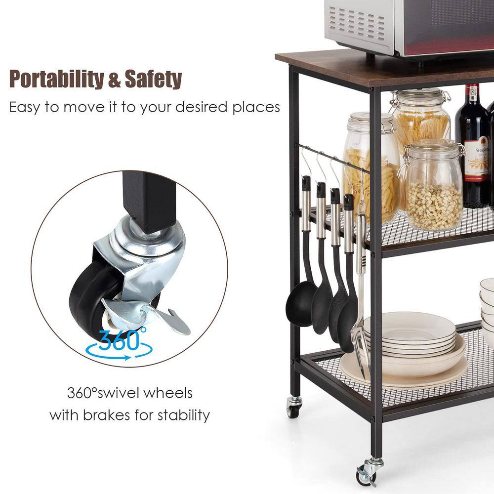 3-Tier Brown Kitchen Serving Cart Utility Standing Microwave Rack with Hooks - thumbnail 7
