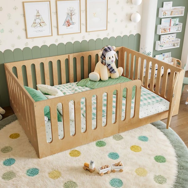 Harper & Bright Designs Low-Profile Natural Full Size Wood Frame