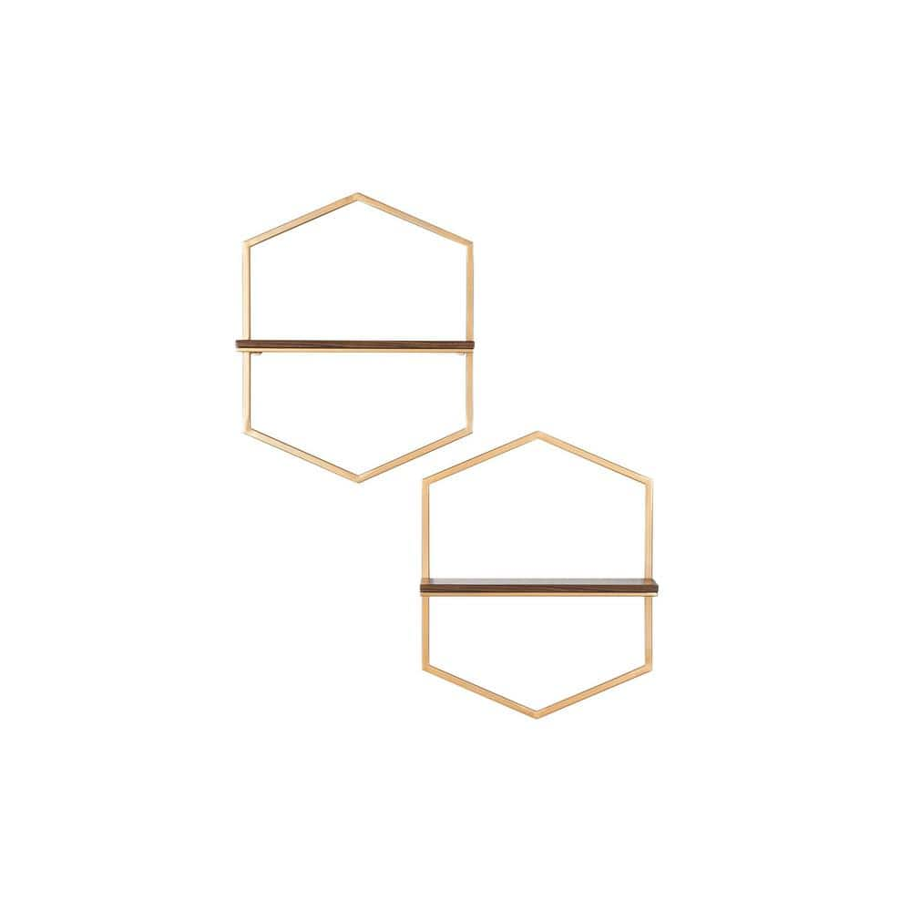 StyleWell 15 in. H x 12 in. W x 4 in. D Wood and Gold Metal Wall-Mount Hexagon Floating Shelf (Set of 2)