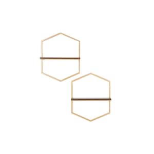 15 in. H x 12 in. W x 4 in. D Wood and Gold Metal Wall-Mount Hexagon Floating Shelf (Set of 2)