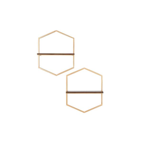 Stylewell 15 In H X 12 W 4 D Wood And Gold Metal Wall Mount Hexagon Floating Shelf Set Of 2 18mje2707 The Home Depot - Gold Metal Hexagon Wall Shelf