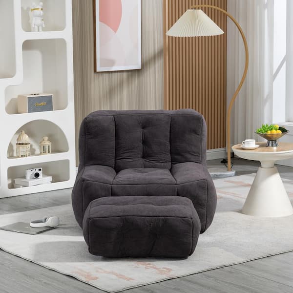 JUJABU Black Velvet Polyester Bean Bag Chair with Ottoman for Living Room and Bedroom