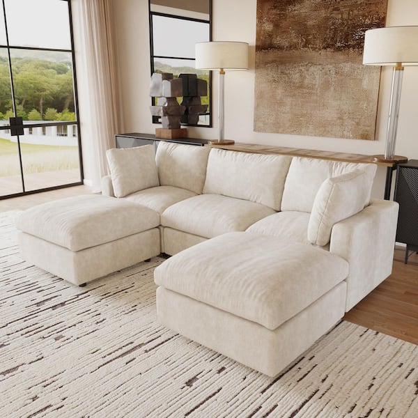 100 in. Square Arm 5-Piece Chenille U-Shaped Modualr Sectional Sofa with Detachable Covers, Ottoman in Beige for Office