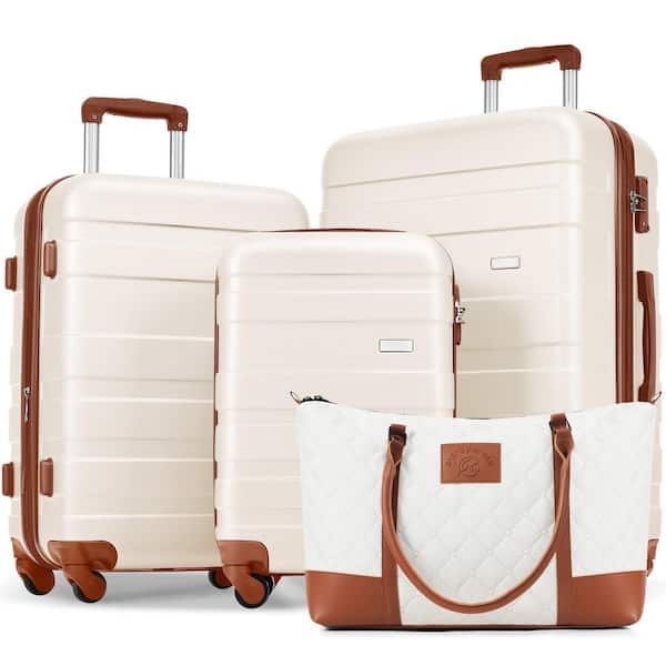 Lightweight Durable 4 Bags 4-Piece Ivory Brown ABS Hardshell Spinner Luggage Set with Travel Bag, TSA Lock