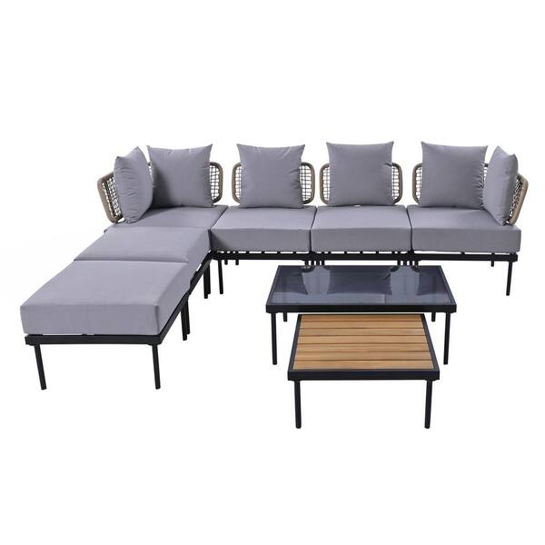 Unbranded Black 8-Piece Metal Outdoor Sectional Set with Tempered Glass Coffee Table, Wooden Coffee Table and Light Grey Cushions