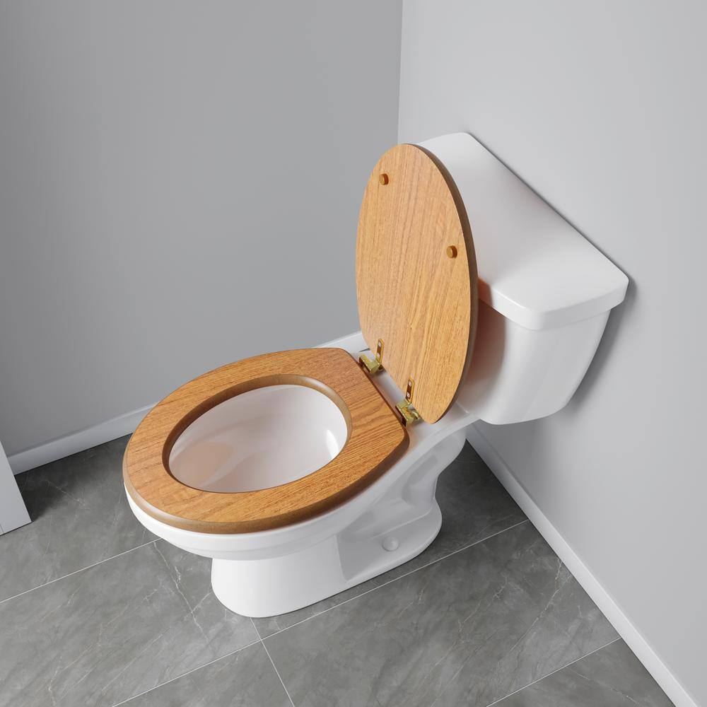 Light Oak Elongated Wood Toilet Seat with Brass Hinges