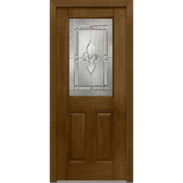 MMI Door 36 in. x 80 in. Master Nouveau Left-Hand 1/2-Lite Decorative 2-Panel Stained Fiberglass Mahogany Prehung Front Door