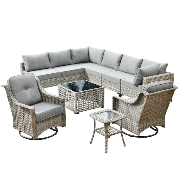 Howell 10-Piece Wicker Outdoor Patio Conversation Sofa Furniture Set with Swivel Rocking Chairs and Dark Grey Cushions