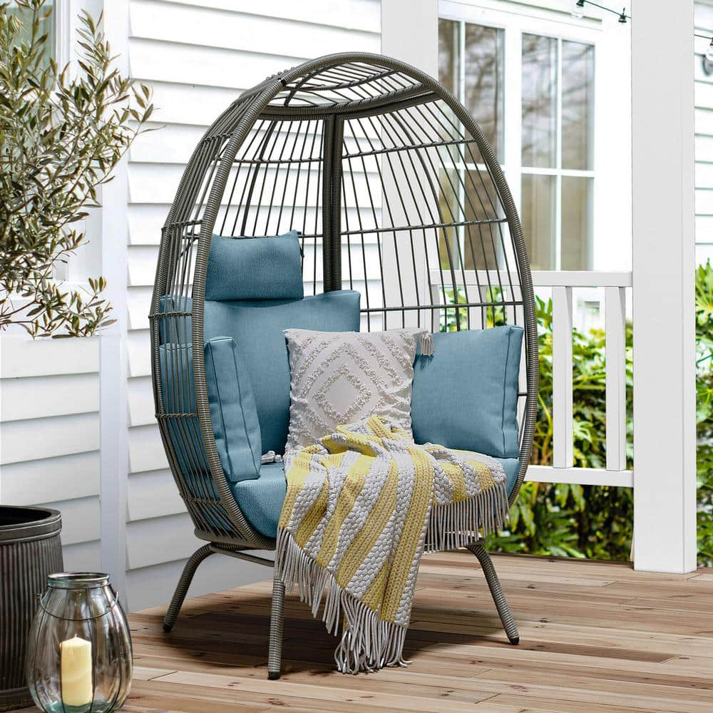 DEXTRUS Grey Wicker Outdoor Egg Chair with Blue Cushion FTPLPBHD-017ZV1 ...