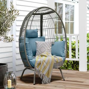 Grey Wicker Outdoor Egg Chair with Blue Cushion