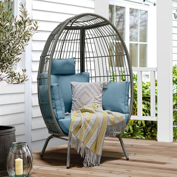 DEXTRUS Grey Wicker Outdoor Egg Chair with Blue Cushion