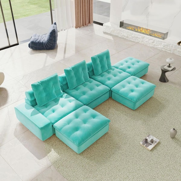 209 in. Modern Square Arm Oversized 6-Piece Velvet Modular Convertible Sectional Sofa with Ottoman in. Tiffany Blue