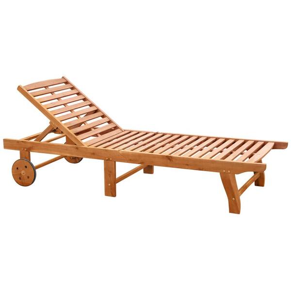 1-Piece Teak Folding Outdoor Chaise Lounge Chair with Acacia Wood Frame, 4-Level Adjustable Recline and Mobility Wheels