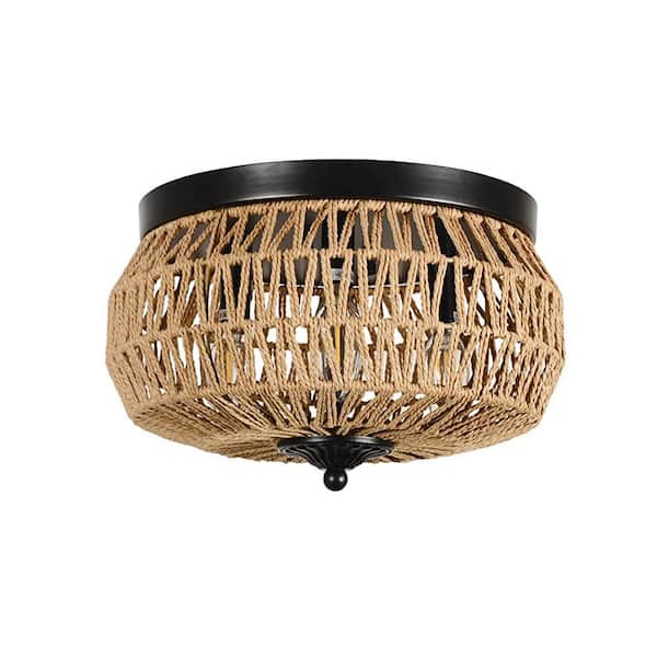 Unbranded 3-Lights Brown Rattan Flush Mount Pendant Light, LED Ceiling Light