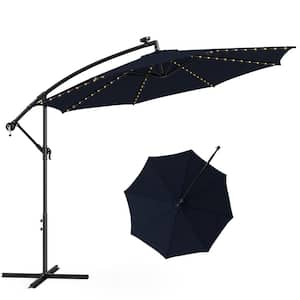 10 ft. Solar Tilted Cantilever Hanging Patio Umbrella with LED Lights Sun Shade Offset Umbrella in Navy