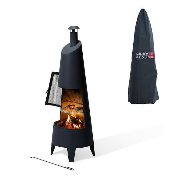 57 in. 2-in-1 Black Metal Outdoor Chiminea Fire Pit and Fireplace with Removable Grill Grate and Mesh Door