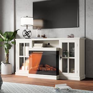 59 in. Deluxe White TV Stand with 5,000 BTU Electric Fireplace and Glass Cabinets, Room Center Fits TV's up to 65 in.