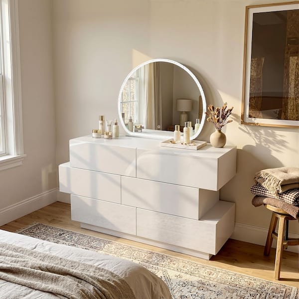 FUFU&GAGA Cream 6-Drawer 46.1 in. Wide Dresser with Mirror, 3-Color LED Lighting, Staggered Design For Bedroom Use