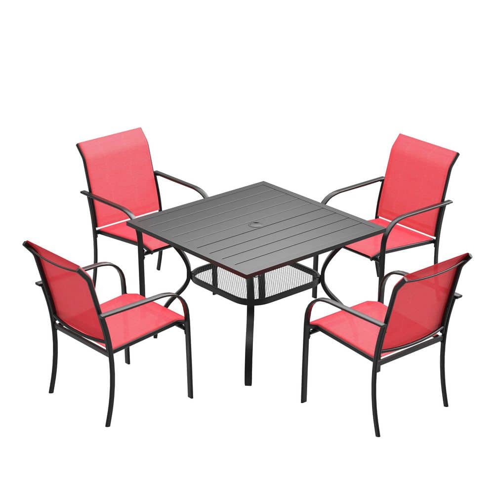 5-Piece Patio Dining Set with Black Square Table, Curved Legs, Umbrella Hole, and 4-Red Stackable Armrest Chairs