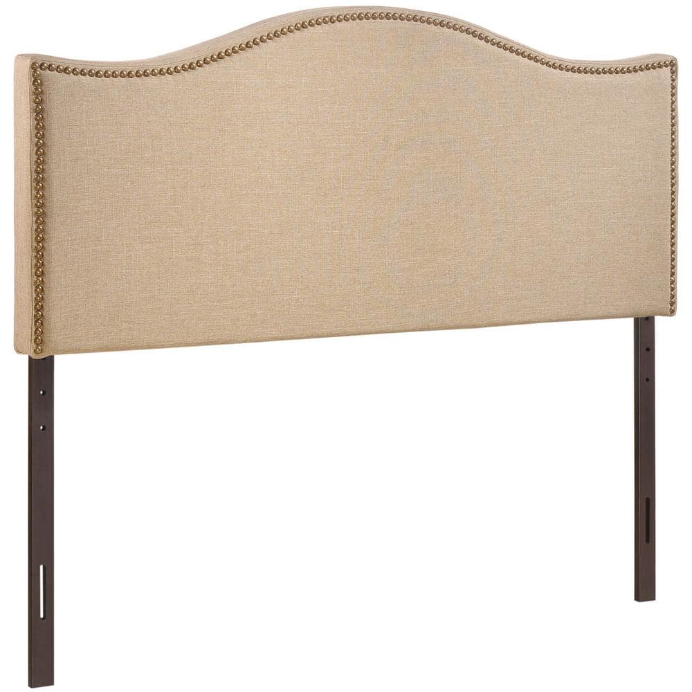 Beige Linen Upholstered Queen Headboard with Nailhead Trim
