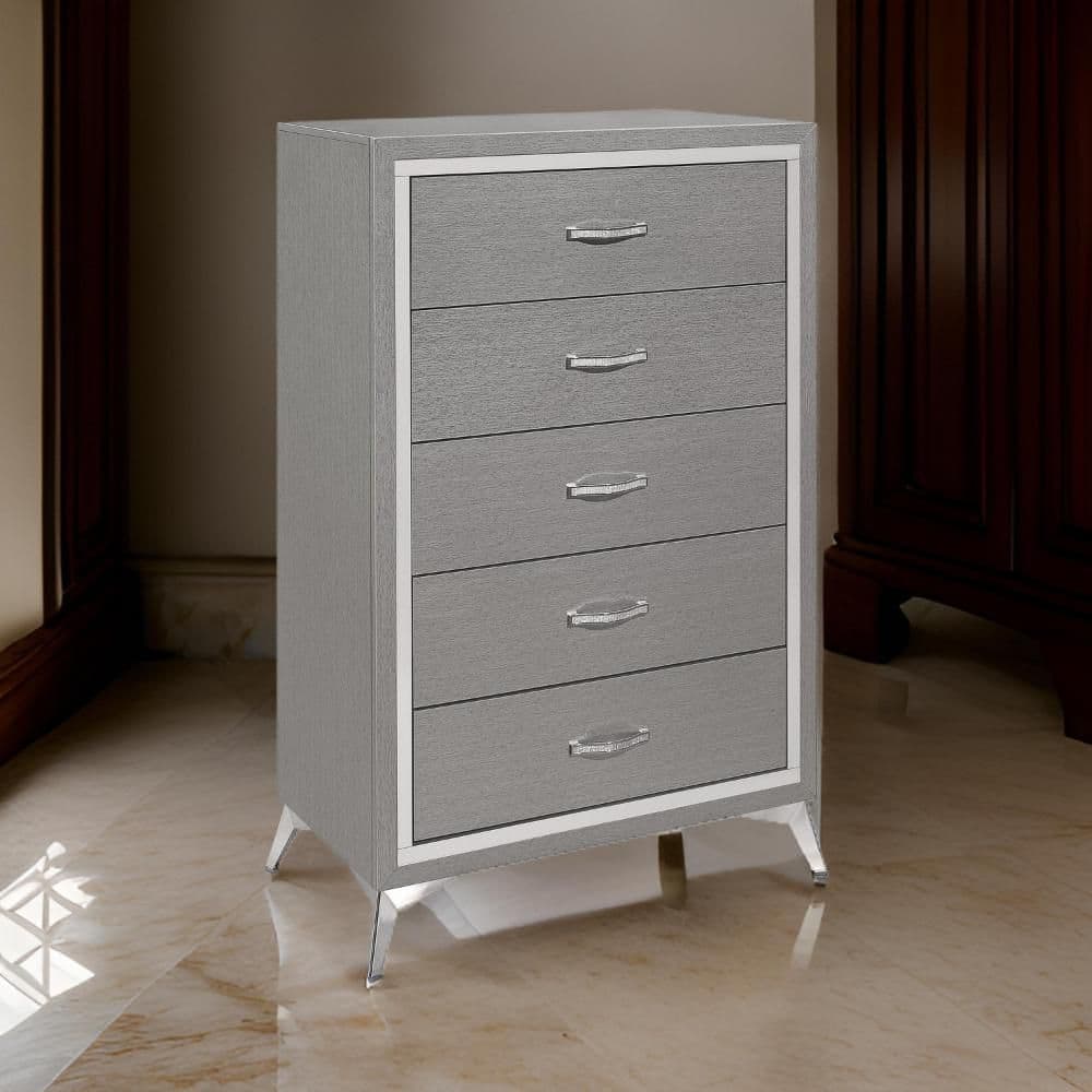 Gray and Chrome 5 drawer 31.42 in. Wide Chest of Drawers Dresser with Mirror