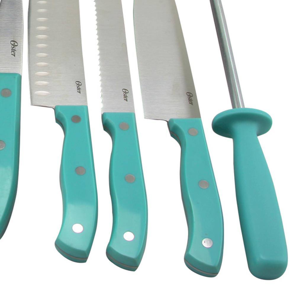 Evansville 14-Piece Stainless Steel Cutlery Set with Turquoise Handles and Wood Block