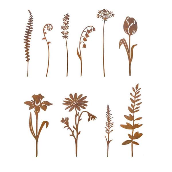 12.6 Inch Brown Iron Metal Solar Garden Stake Art for Outdoor Yard Decoration Flowers Plants 10-Pack