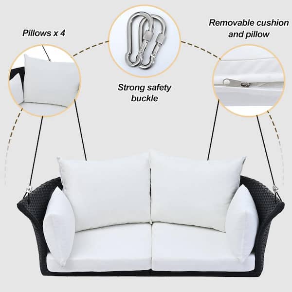 44 in. Seats 2-People Wicker Patio Swing With Ropes, Black Wicker And White Cushion