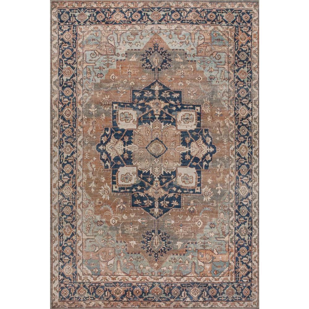 Maris Ornate Medallion Machine-Washable Beige and Blue Chenille Area Rug