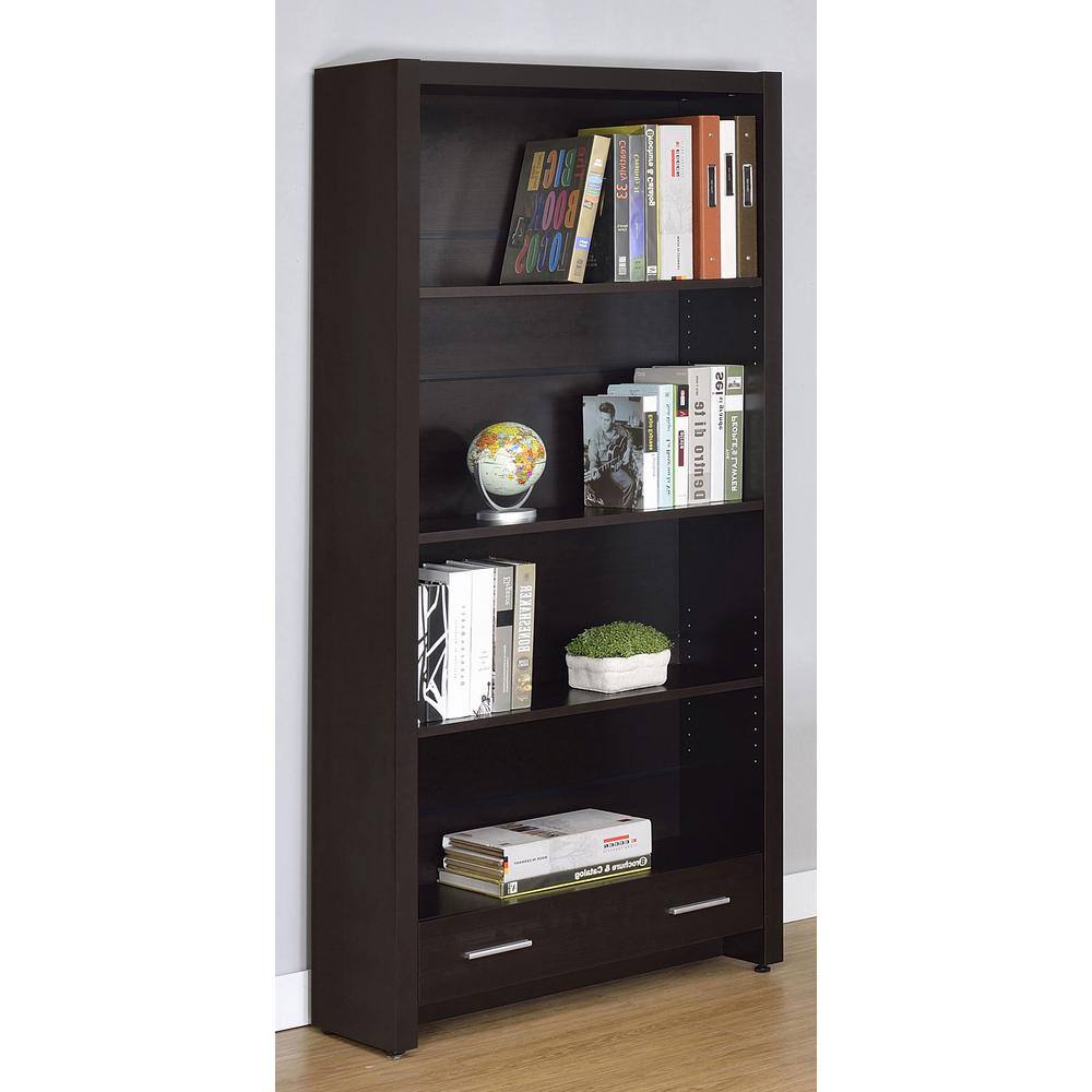 Transitional Skylar 70.75" Cappuccino Wood Bookcase with Storage Drawer
