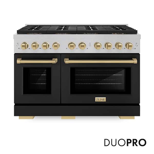 Autograph 48 in 6.7 cu. ft. Dual Fuel Range with 8-Burner Cooktop and Dual Ovens in Satin with Black Matte and Champagne