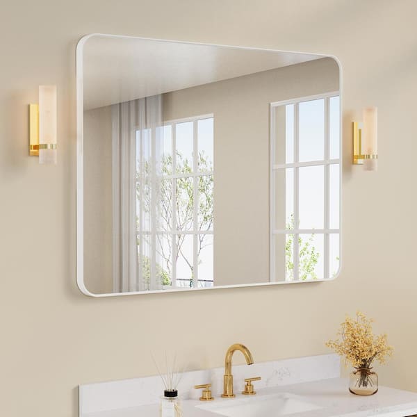WELLFOR Bella 48 in. W x 36 in. H Rectangular Aluminum Framed Wall-Mounted Bathroom Vanity Mirror in White