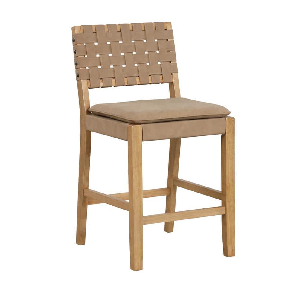 Natural Brown Faux Leather Woven Back Counter Stool