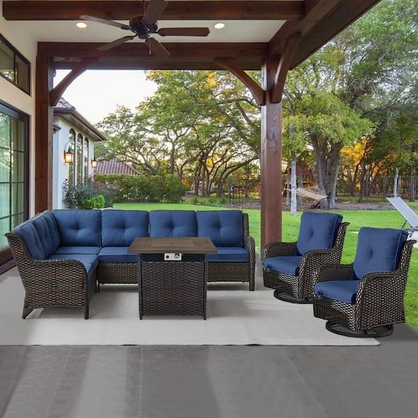 Opohoro Brown 4-Piece Wicker Patio Fire Pit Set, Outdoor Sectional Seating Set with Olefin Navy Blue Cushions and Swivel Rockers