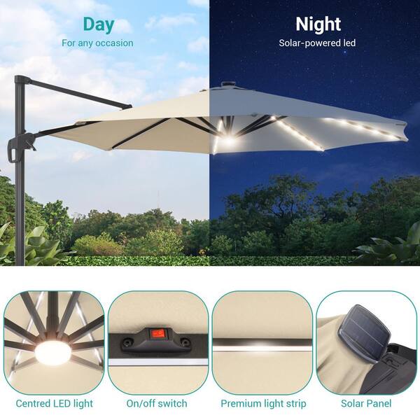 Sonkuki 11 ft. Round Solar LED Aluminum 360-Degree Rotation Cantilever  Offset Outdoor Patio Umbrella with a Base in Sand R-BRELA-JC42SD - The Home  Depot