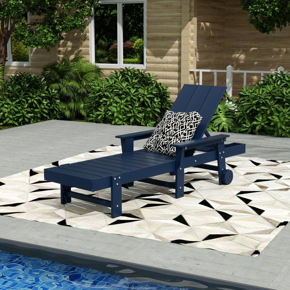Navy Blue Eco-Friendly Adjustable Outdoor Chaise Lounge with Arms and Wheels