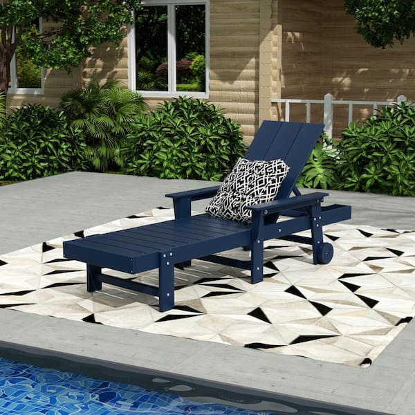 Shoreside Navy Blue Fade Resistant All Weather HDPE Plastic Outdoor Adjustable Chaise Lounge Arm Chair with Wheels