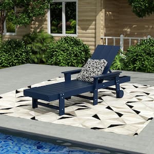Laguna Navy Blue Fade Resistant HDPE All Weather Plastic Outdoor Patio Reclining Adjustable Chaise Lounge with Wheels