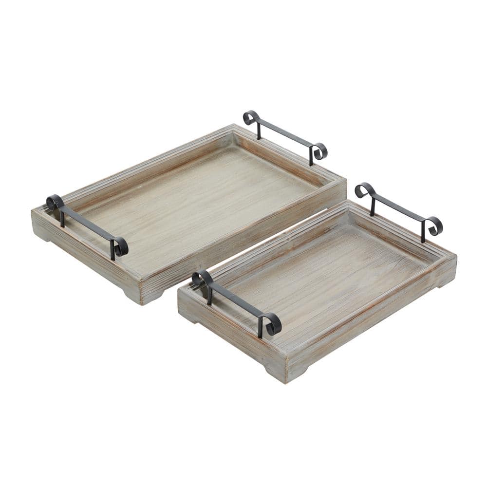 Beige Wood Tray Set with Metal Handles, 20" and 17"