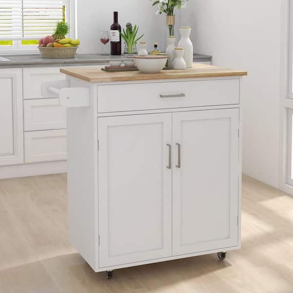 FAMYYT White Rolling Rubber Wood Tabletop 33 in. Kitchen Island with Drawers