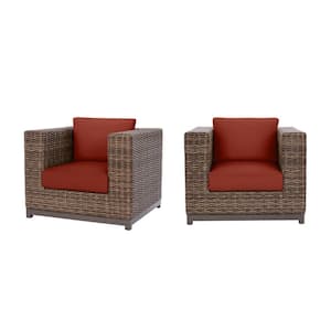 Fernlake Brown Wicker Outdoor Patio Stationary Lounge Chair with Sunbrella Henna Red Cushions (2-Pack)
