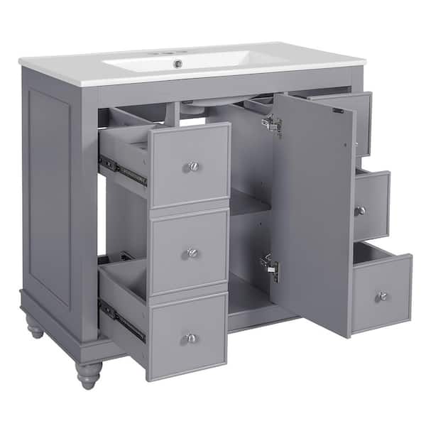 36 in. W x 18 in. D x 33.87 in. H Single Sink Freestanding Bath Vanity in Gray with White Resin Top