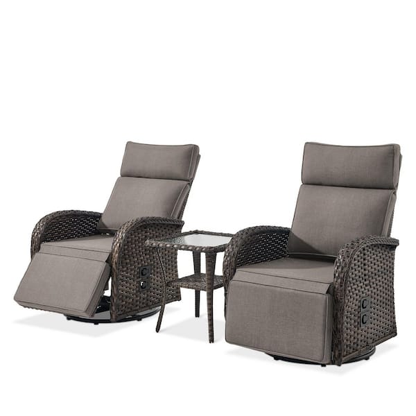 Rotavia Reclining 2-Piece Wicker Outdoor 360° Swivel Recliner with Gray Cushions, Adjustable Backrest, Side Table
