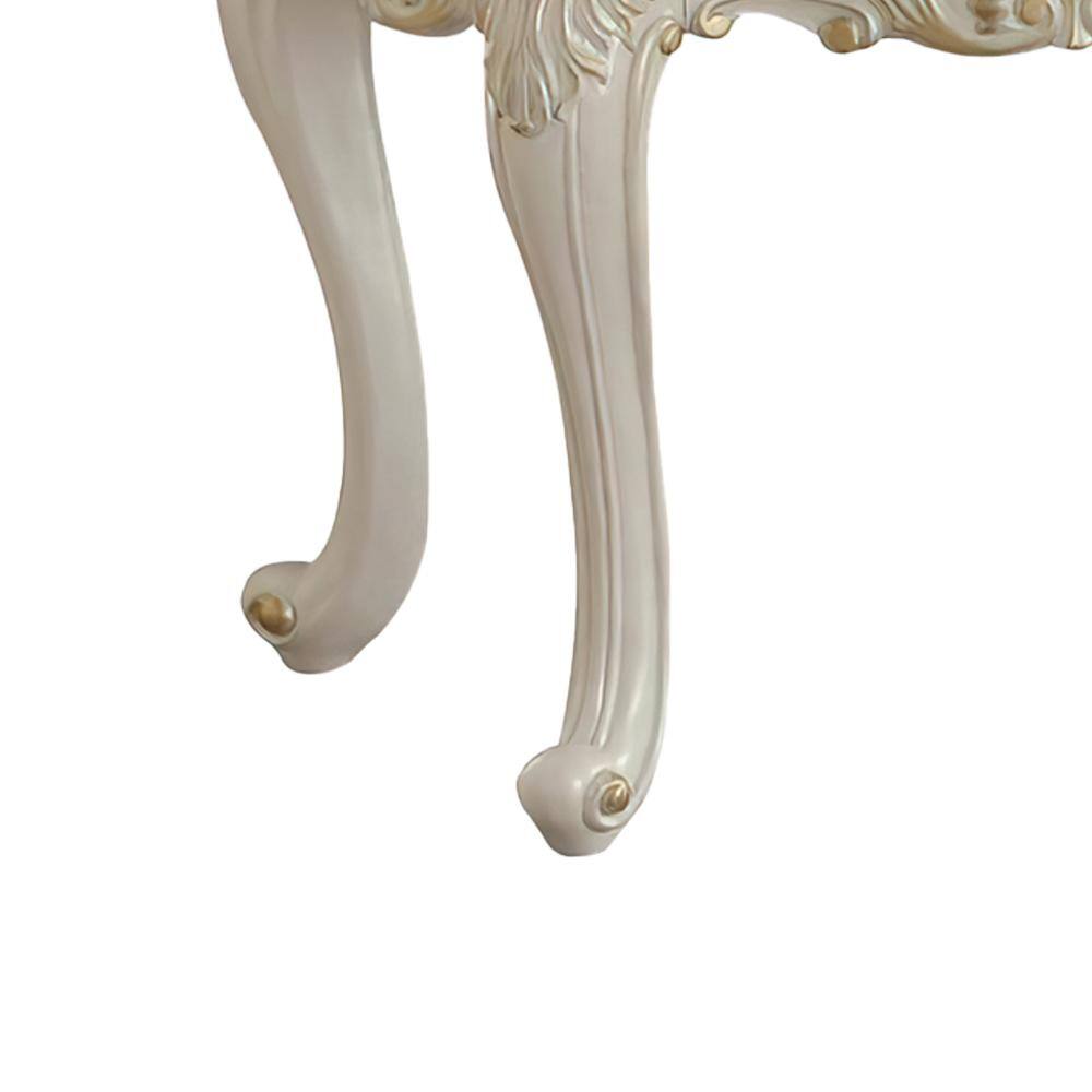 Pearl White and Gold Rectangular Wooden End Table with Marble Top and Storage
