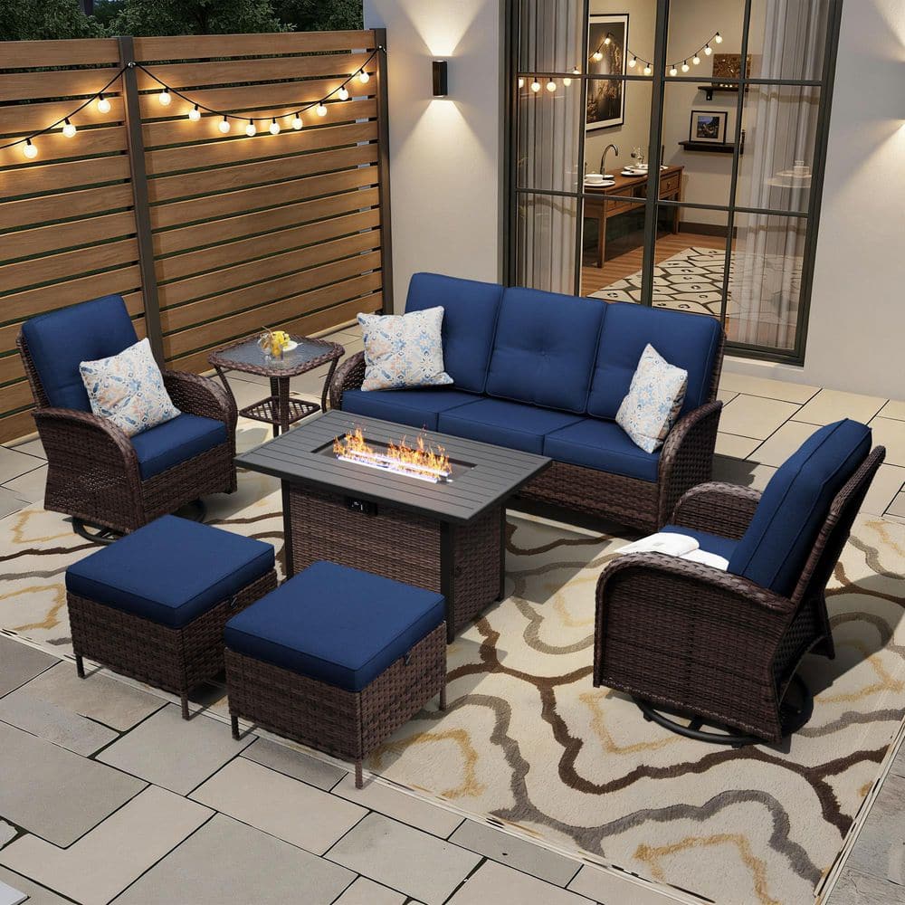 7-Piece Fire Pit Patio Set Brown Wicker Outdoor Patio Conversation Set with Swivel Rocking Chairs and Blue Cushions price history on PriceWatchPro