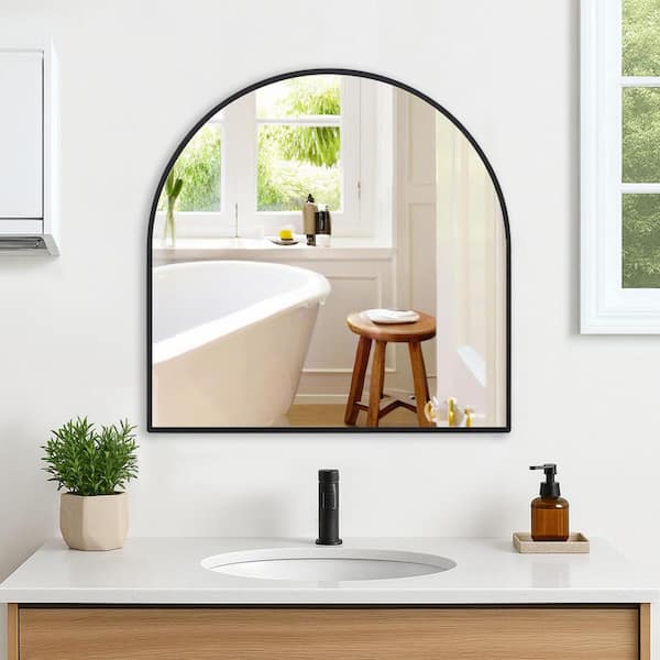 36 in. W x 36 in. H Modern Arched Metal Framed Wall Mounted Bathroom Vanity Mirror in Black