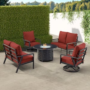 Black 7-Piece Aluminum Patio Fire Pit with 2-Deep Seating Loveseat and 2-Club Chairs Red Cushions