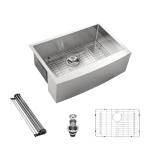 Brushed Nickel Stainless Steel 33 in. Single Bowl Farmhouse Apron Workstation Kitchen Sink with Bottom Rinse Grid