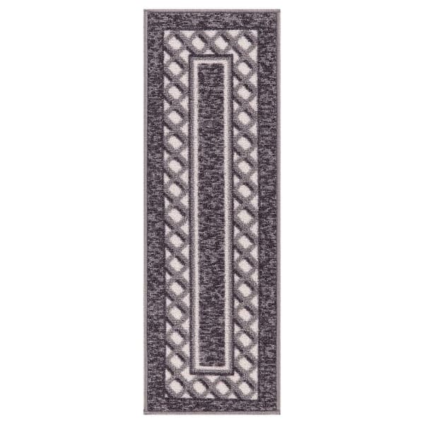 Ottomanson Ottohome Collection Non-Slip Rubberback Modern Bordered Design 8.5 in. x 26 in. Indoor Stair Treads, 7 Pack, Black