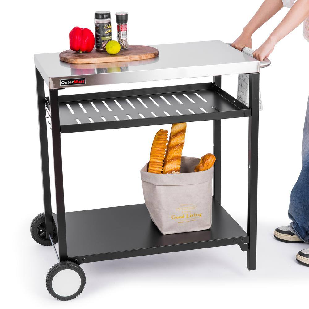 Stainless Steel and Black Triple-Shelf Outdoor Grill Cart